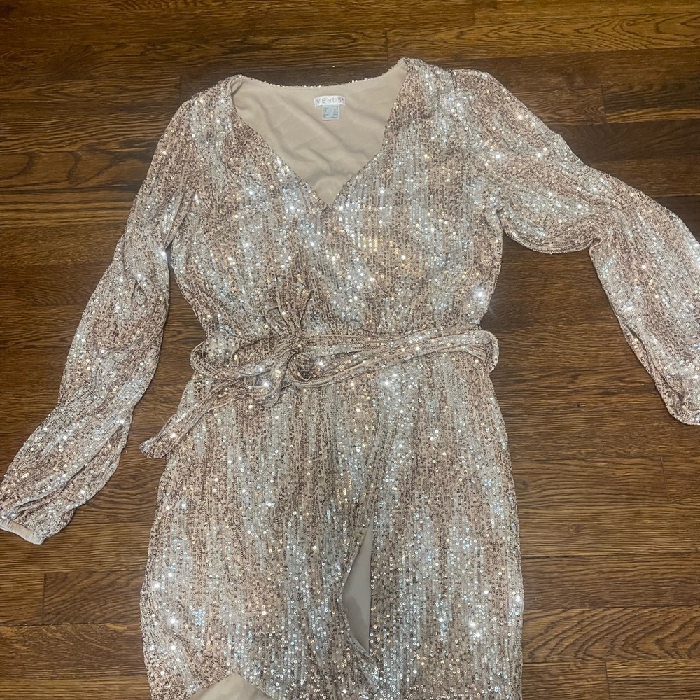 Sequin Wrap Jumpsuit in Rose Gold